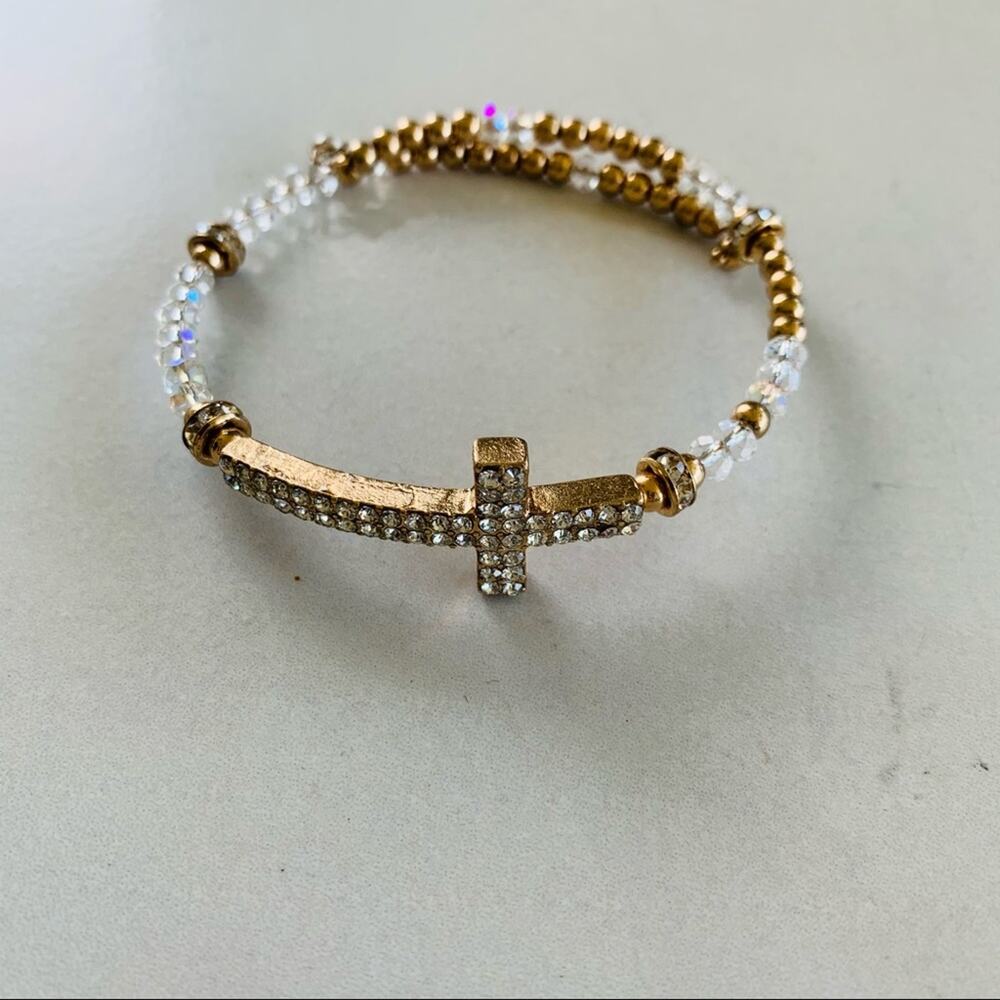 Gold Clear Bead Rhinestone Cross Bracelet OSFA